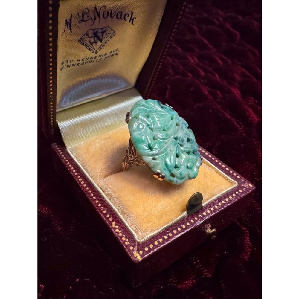 ANTIQUE- 10K Gold- Natural Jade Ring -Size 5- Hand Carved - Art Nouveau